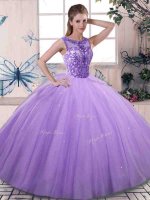 Scoop Sleeveless Quinceanera Gown Floor Length Beading Lavender Tulle