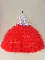 Customized Organza Off The Shoulder Sleeveless Brush Train Lace Up Embroidery and Ruffles Quinceanera Gown in White And Red(SKU PSSW0758BIZ)