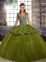 Clearance Ball Gowns Ball Gown Prom Dress Olive Green Straps Tulle Sleeveless Floor Length Lace Up(SKU SJQDDT2134002-9BIZ)