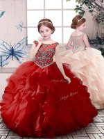 Customized Floor Length Red Pageant Gowns Scoop Sleeveless Zipper