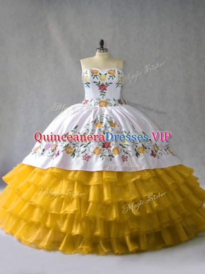 Exquisite Sweetheart Sleeveless Sweet 16 Quinceanera Dress Floor Length Embroidery and Ruffled Layers Gold Organza - Click Image to Close