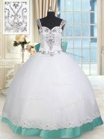 Pretty Straps Floor Length Lace Up Vestidos de Quinceanera White and Green for Military Ball and Sweet 16 and Quinceanera with Beading and Lace and Bowknot(SKU PSSW0366BIZ)