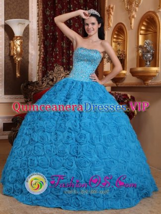 Corpus Christi TX Gorgeous Blue Sweet Christmas Party Dress Fabric With Rolling Flowers Ball Gown Strapless Beading Ball Gown