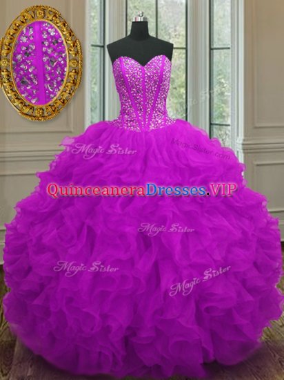 Floor Length Purple Ball Gown Prom Dress Organza Sleeveless Beading and Ruffles - Click Image to Close