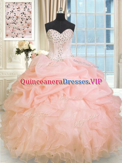Baby Pink Ball Gowns Sweetheart Sleeveless Organza Floor Length Lace Up Beading and Ruffles Sweet 16 Quinceanera Dress - Click Image to Close