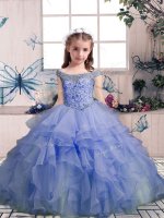 Best Lavender Ball Gowns Off The Shoulder Sleeveless Organza Floor Length Lace Up Beading and Ruffles Little Girls Pageant Dress