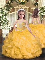 Gold Ball Gowns Beading and Ruffles Pageant Dress Toddler Lace Up Organza Sleeveless Floor Length