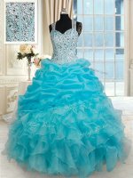 Inexpensive Straps Aqua Blue Sleeveless Floor Length Beading and Ruffles and Pick Ups Zipper Ball Gown Prom Dress