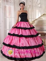 Sexy Floor length Rose Pink and Black Quinceanera Dress For In Pembroke Pines FL Strapless Taffeta Layers Ball Gown