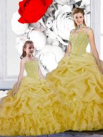 Fantastic Straps Floor Length Yellow Quinceanera Gown Organza Sleeveless Beading and Ruffles and Pick Ups