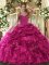 Romantic Hot Pink Ball Gowns Halter Top Sleeveless Organza Floor Length Lace Up Ruffles and Pick Ups Vestidos de Quinceanera