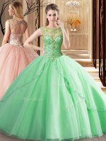 Eye-catching Scoop Sleeveless Quinceanera Gown Brush Train Beading Apple Green Tulle