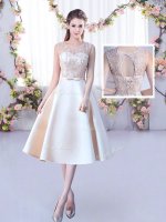 Wonderful Tea Length Lace Up Dama Dress for Quinceanera Champagne for Wedding Party with Lace and Belt