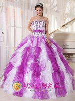Arlington Texas/TX Elegant Embroidery Decorate Up Bodice White and Purple Ruffles Sash With Hand Made Flower Quinceanera Dress For