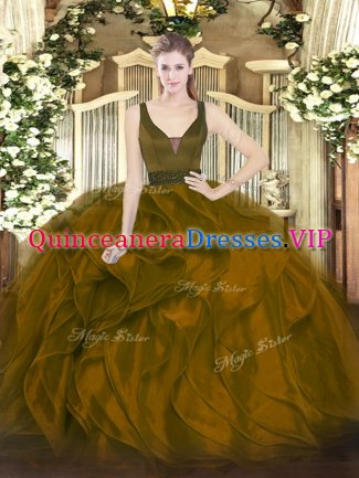 Brown Zipper 15th Birthday Dress Beading and Ruffles Sleeveless Floor Length