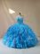 Sleeveless Floor Length Beading and Ruffles Lace Up Sweet 16 Dress with Baby Blue