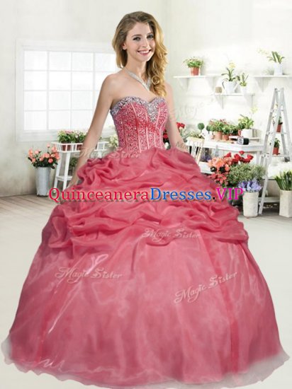 Glamorous Coral Red Organza Lace Up Quinceanera Dresses Sleeveless Floor Length Beading and Pick Ups - Click Image to Close