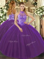 Floor Length Purple Military Ball Gown Halter Top Sleeveless Lace Up(SKU SJQDDT1141002BIZ)