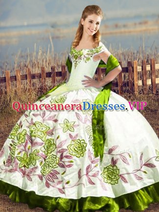 Adorable Olive Green Ball Gowns Off The Shoulder Sleeveless Satin Floor Length Lace Up Embroidery 15 Quinceanera Dress
