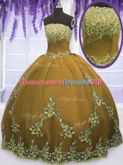 Most Popular Brown Strapless Zipper Appliques Ball Gown Prom Dress Sleeveless - Click Image to Close