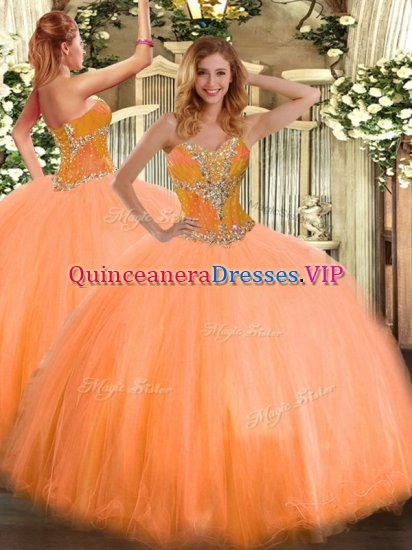Orange Quince Ball Gowns Sweet 16 and Quinceanera with Beading Sweetheart Sleeveless Lace Up - Click Image to Close