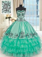 Turquoise Ball Gown Prom Dress Military Ball and Sweet 16 and Quinceanera with Embroidery and Ruffled Layers Sweetheart Sleeveless Lace Up