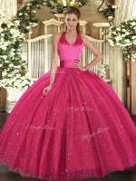 Custom Design Hot Pink Lace Up Halter Top Sequins Quince Ball Gowns Tulle Sleeveless(SKU SJQDDT1656002-3BIZ)