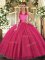 Custom Design Hot Pink Lace Up Halter Top Sequins Quince Ball Gowns Tulle Sleeveless