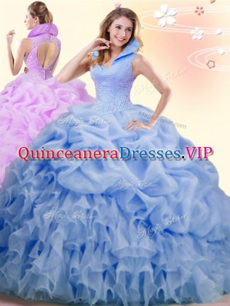 Blue Ball Gowns High-neck Sleeveless Organza Brush Train Backless Beading and Ruffles and Pick Ups Quince Ball Gowns