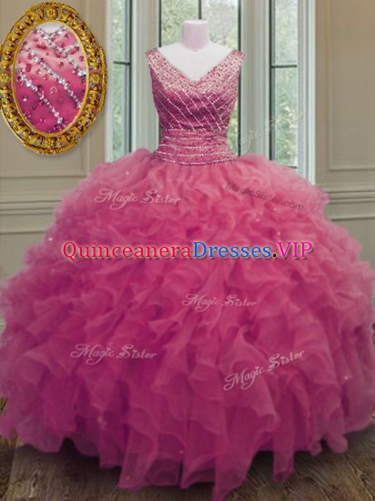 Hot Pink Zipper Quince Ball Gowns Beading and Ruffles Sleeveless Floor Length - Click Image to Close