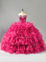 Hot Pink Quinceanera Gowns Sweet 16 and Quinceanera with Beading and Ruffles Sweetheart Sleeveless Lace Up