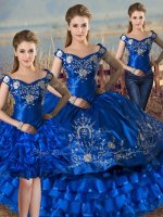 Hot Sale Royal Blue Three Pieces Off The Shoulder Sleeveless Satin and Organza Floor Length Lace Up Embroidery and Ruffled Layers Sweet 16 Quinceanera Dress