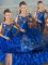 Hot Sale Royal Blue Three Pieces Off The Shoulder Sleeveless Satin and Organza Floor Length Lace Up Embroidery and Ruffled Layers Sweet 16 Quinceanera Dress