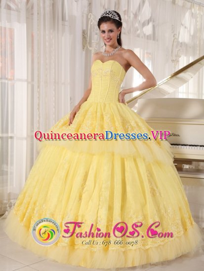 Perryville Missouri/MO Organza and Tulle Light Yellow Sweetheart Lace Decorate Luxurious floor length Quinceaners Dress - Click Image to Close