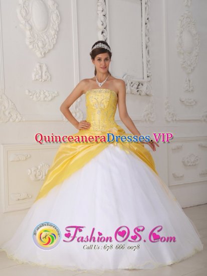 Strabane Tyrone Yellow and White Quinceanera Dress With beading Bodice Taffeta - Click Image to Close
