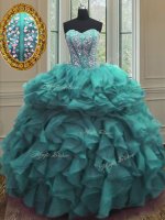 Sweet Turquoise Ball Gowns Sweetheart Sleeveless Organza Floor Length Lace Up Beading and Ruffles Quinceanera Gown(SKU PSSW0140-8BIZ)