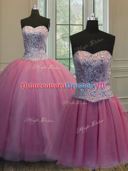 Shining Three Piece Sweetheart Sleeveless Sweet 16 Dress Floor Length Beading Rose Pink Organza - Click Image to Close