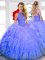 Lavender Tulle Lace Up Ball Gown Prom Dress Sleeveless Floor Length Beading and Ruffles