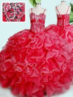 Red Ball Gowns Organza Spaghetti Straps Sleeveless Beading and Ruffles Floor Length Lace Up Vestidos de Quinceanera(SKU PSSW0403-1BIZ)