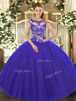 Admirable Royal Blue Cap Sleeves Floor Length Beading and Appliques Lace Up Quinceanera Gown(SKU SJQDDT1175002-3BIZ)