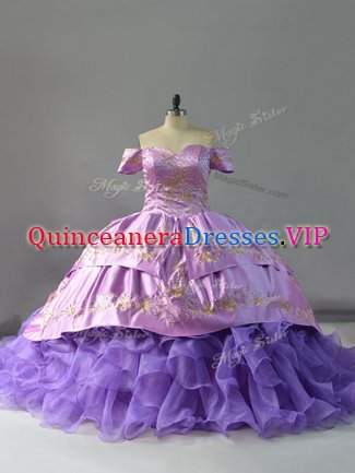 Off The Shoulder Sleeveless Quinceanera Dresses Chapel Train Embroidery and Ruffles Lavender Organza