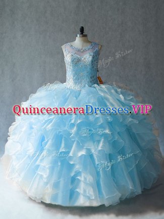 Beading and Ruffles Quinceanera Gown Blue Lace Up Sleeveless Floor Length