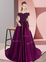 Off The Shoulder Sleeveless Satin Sweet 16 Dresses Lace Court Train Zipper