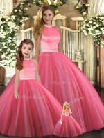 Fitting Tulle Halter Top Sleeveless Backless Beading Ball Gown Prom Dress in Coral Red