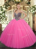 Hot Pink Tulle Lace Up Sweetheart Sleeveless Floor Length Quince Ball Gowns Beading