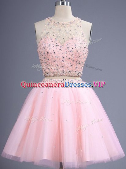 Exceptional Scoop Sleeveless Lace Up Quinceanera Dama Dress Baby Pink Tulle - Click Image to Close
