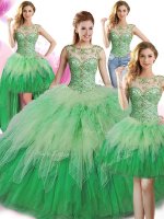 Stunning Four Piece Ball Gowns Quinceanera Dresses Green Scoop Tulle Sleeveless Floor Length Lace Up(SKU SJQDDT751007BIZ)