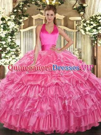 Sleeveless Floor Length Ruffled Layers and Pick Ups Lace Up Quince Ball Gowns with Rose Pink