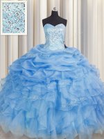 Exquisite Baby Blue Ball Gowns Organza Sweetheart Sleeveless Beading and Ruffles Floor Length Lace Up 15th Birthday Dress