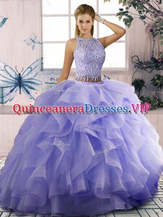 Fashion Scoop Sleeveless Quince Ball Gowns Beading and Ruffles Lavender Tulle